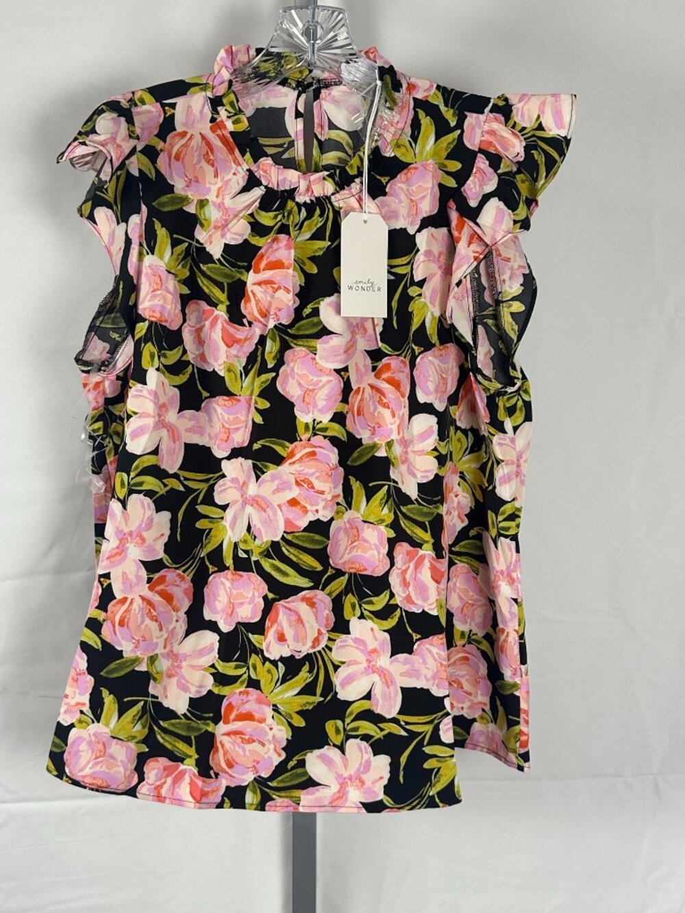 Emily Wonder Floral Ruffle Sleeve Top – NWT – Black Pink Print Size Small